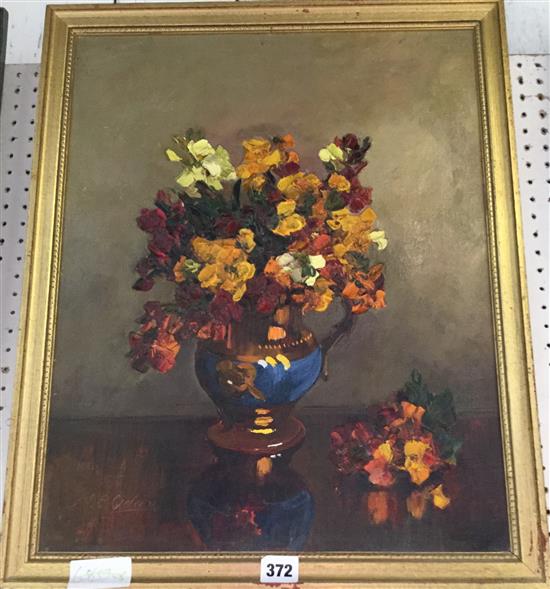 Mary Oddy, oil on canvas, still life, jug and flowers(-)